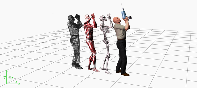 Entwicklung eines Menschen von Skelett zu 3D-Form, der durch ein Megafon spricht.